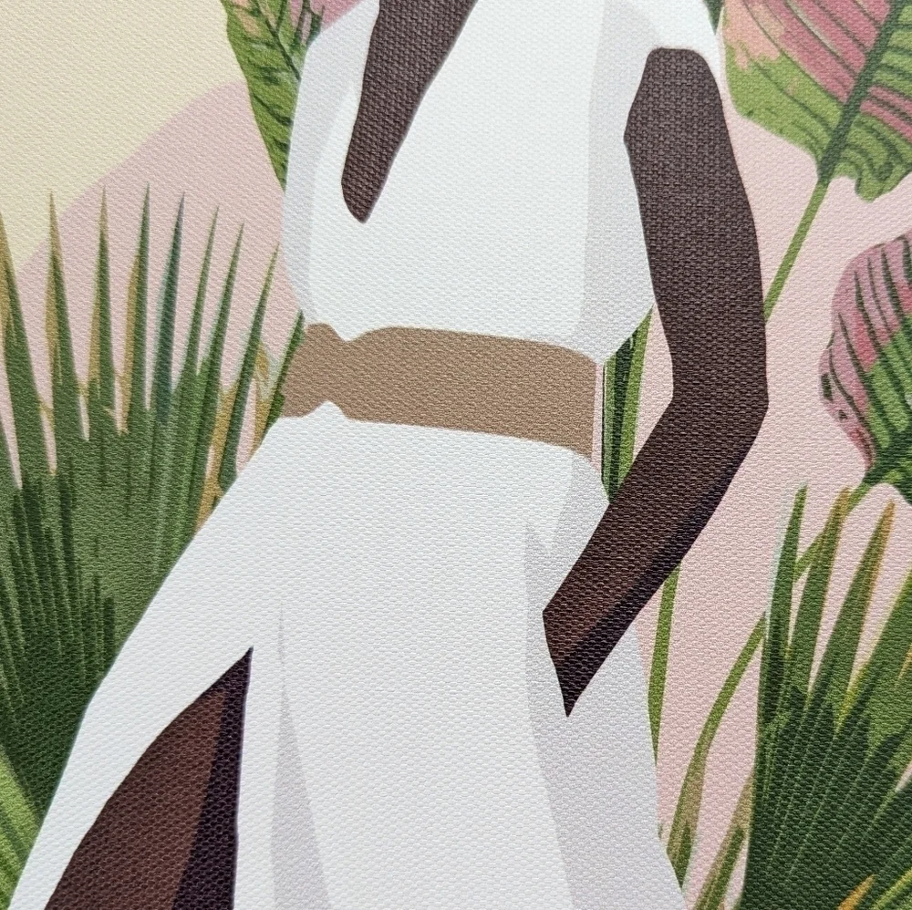 Modern Woman in a White Dress & Palm Leaves Canvas Wall Decor 10 x 8 NWT